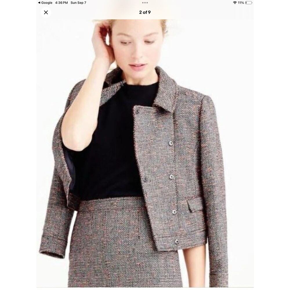 J.Crew Tweed Cropped Moto Jacket, Size 8, Black, White Neon Red, Fall Preppy - Picture 2 of 13